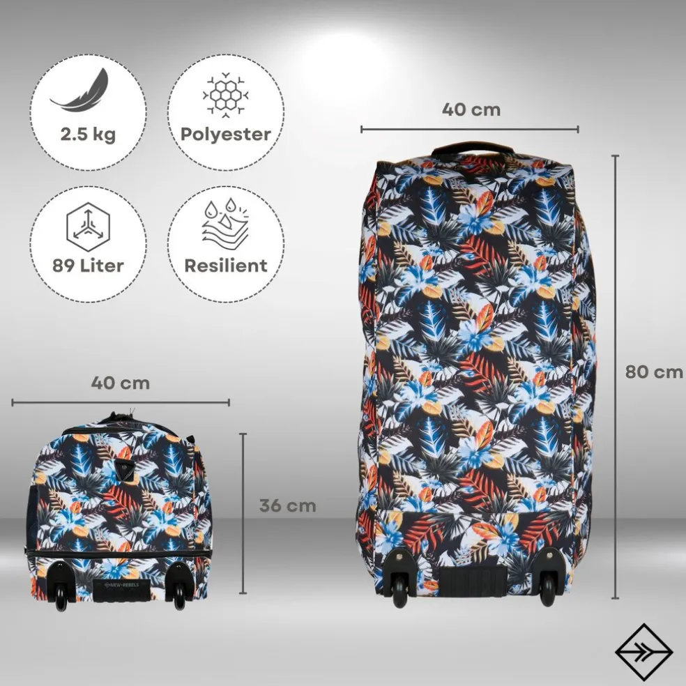 New Rebels Cranford Newark Flower Roll-Up Reisetasche mit 2 Rollen - 110L erweiterbare Tasche mit Griffen und Reißverschluss - leicht