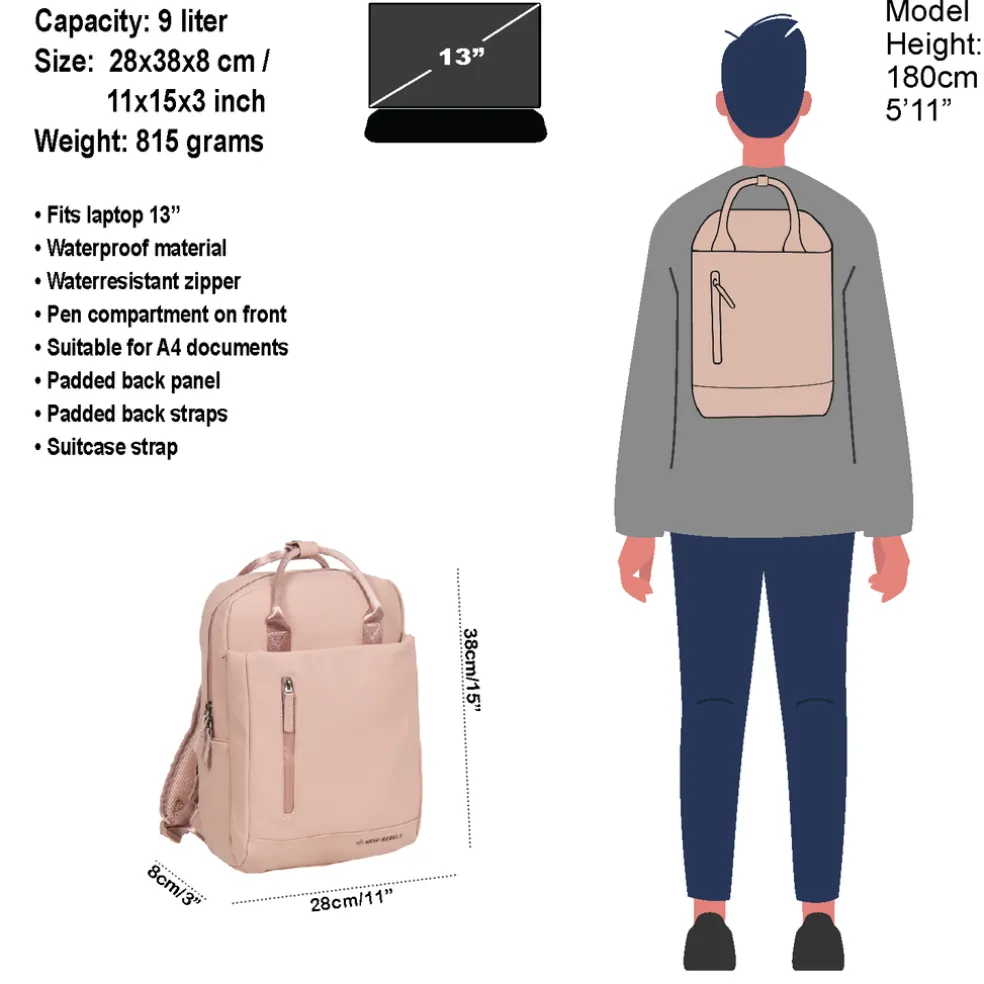 New Rebels Harper Miami Altrosa 10L Rucksack Wasserabweisend Laptop 13"