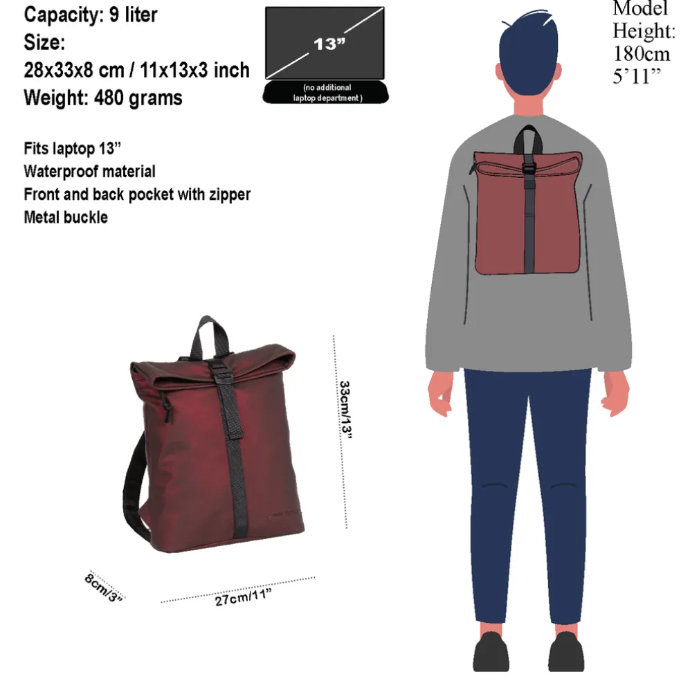 New Rebels Mart Los Angeles Metallic Burgundy 7L Rolltop Rucksack Wasserabweisend