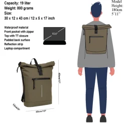 New Rebels Mart New York Olive Grün 21L Rucksack Rolltop Wasserabweisend Laptop 15.6
