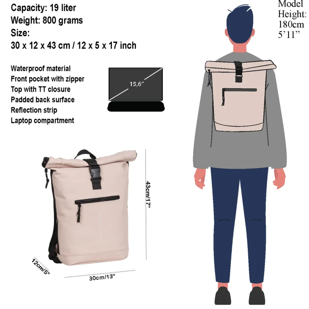 New Rebels Mart New York Soft Rosa 21L Rucksack Rolltop Wasserabweisend Laptop 15.6"