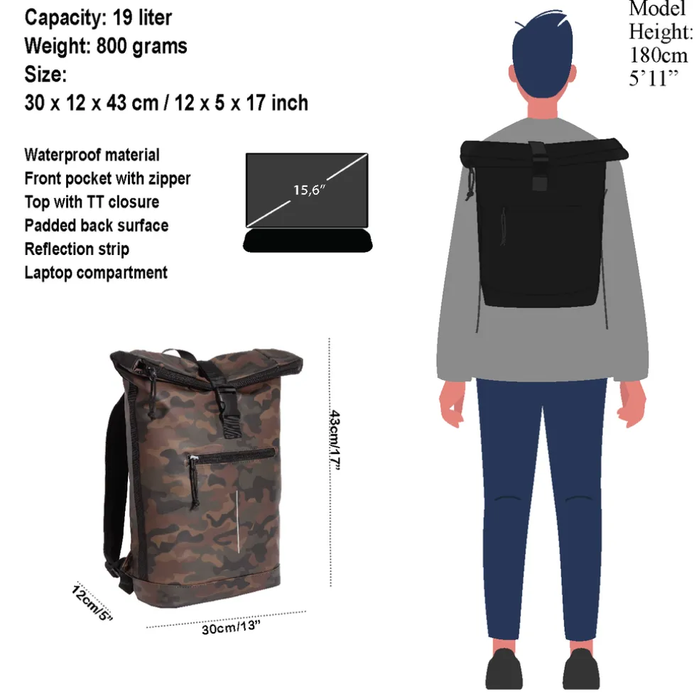 New Rebels Mart New York Camouflage Grün 21L Rucksack Rolltop Wasserabweisend Laptop 15.6"
