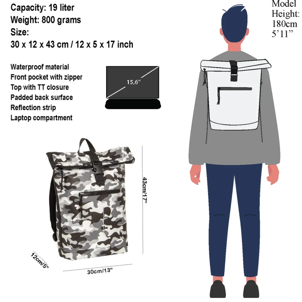 New Rebels Mart New York Camouflage Army 21L Rucksack Rolltop Wasserabweisend Laptop 15.6"