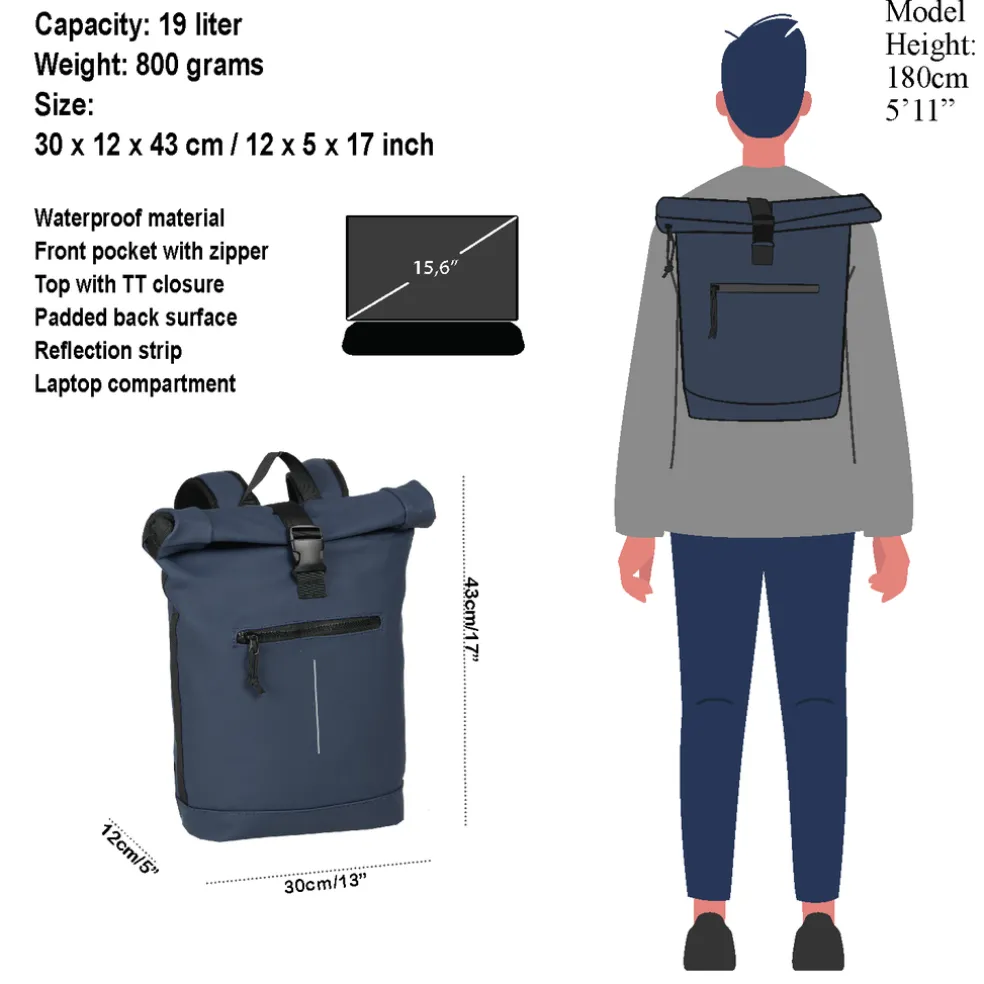 New Rebels Mart New York Marineblau 21L Rucksack Rolltop Wasserabweisend Laptop 15.6"