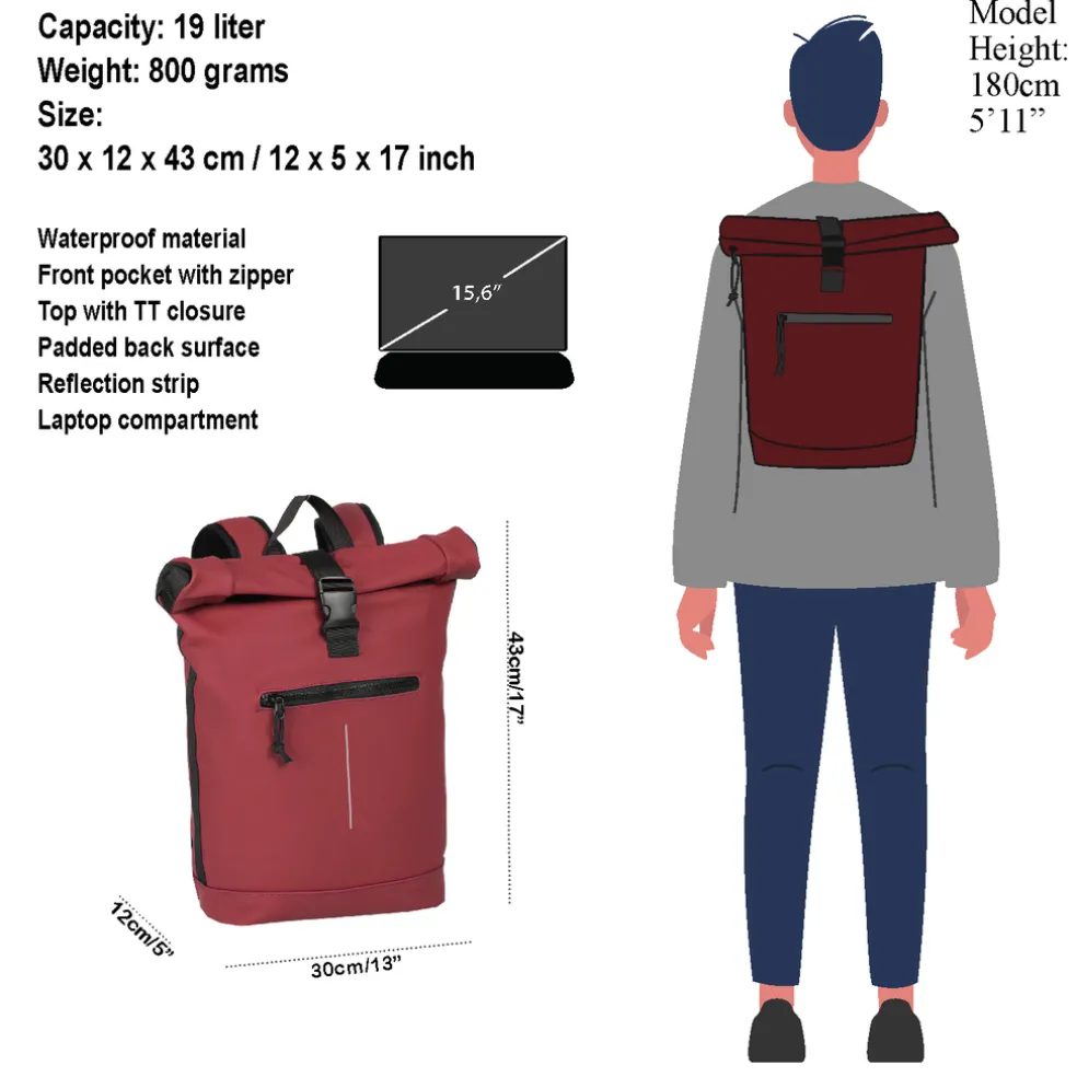 New Rebels Mart New York Burgundy 21L Rucksack Rolltop Wasserabweisend Laptop 15.6"
