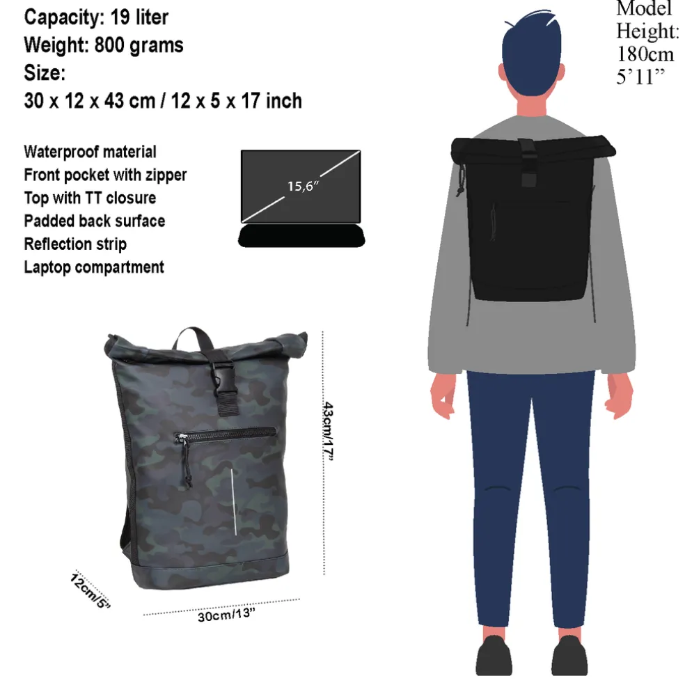 New Rebels Mart New York Camouflage Army Dunkel 21L Rucksack Rolltop Wasserabweisend Laptop 15.6"