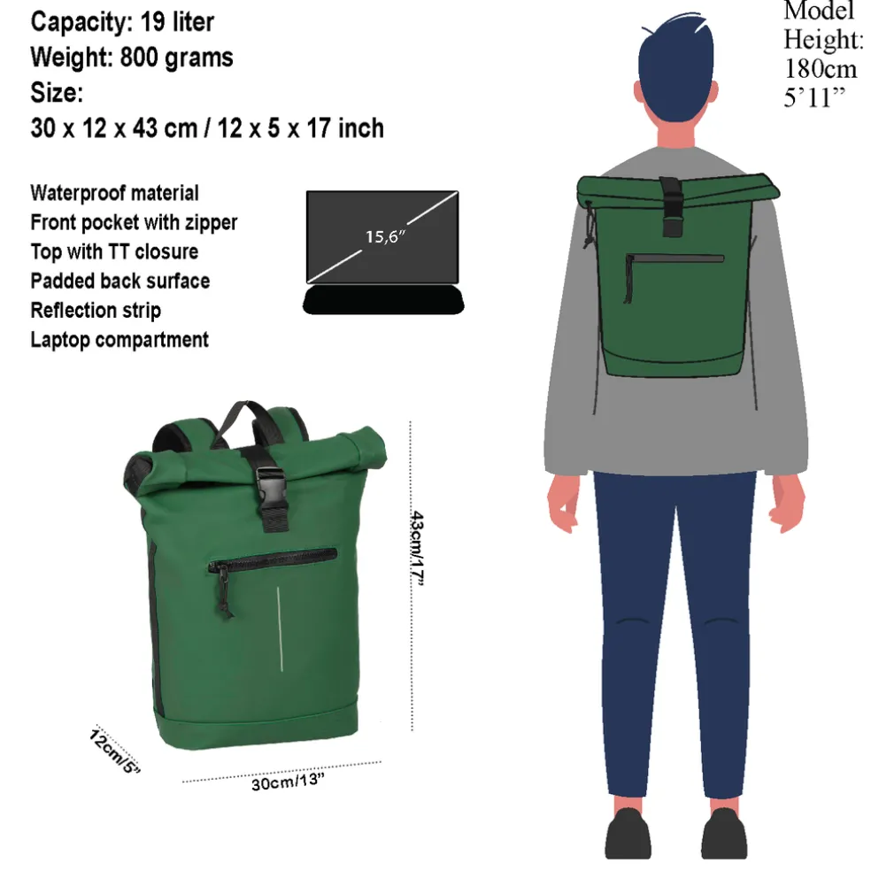 New Rebels Mart New York Dunkelgrün 21L Rucksack Rolltop Wasserabweisend Laptop 15.6"