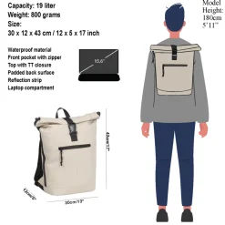 New Rebels Mart New York Beige 21L Rucksack Rolltop Wasserabweisend Laptop 15.6