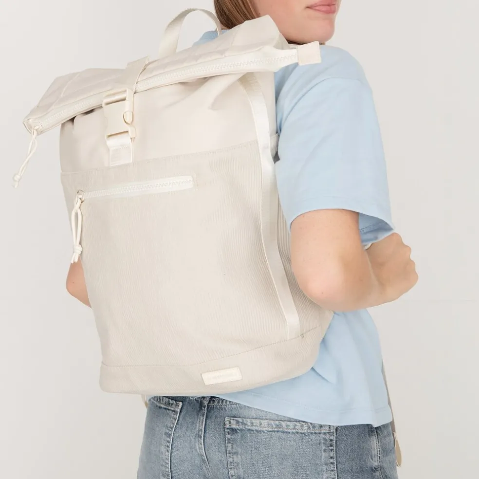 New Rebels New York Ribbi Rolltop Rucksack 17-21 l Schultasche & Arbeitstasche Rippstoff-Laptop-Rucksack 15,6 Zoll Beige