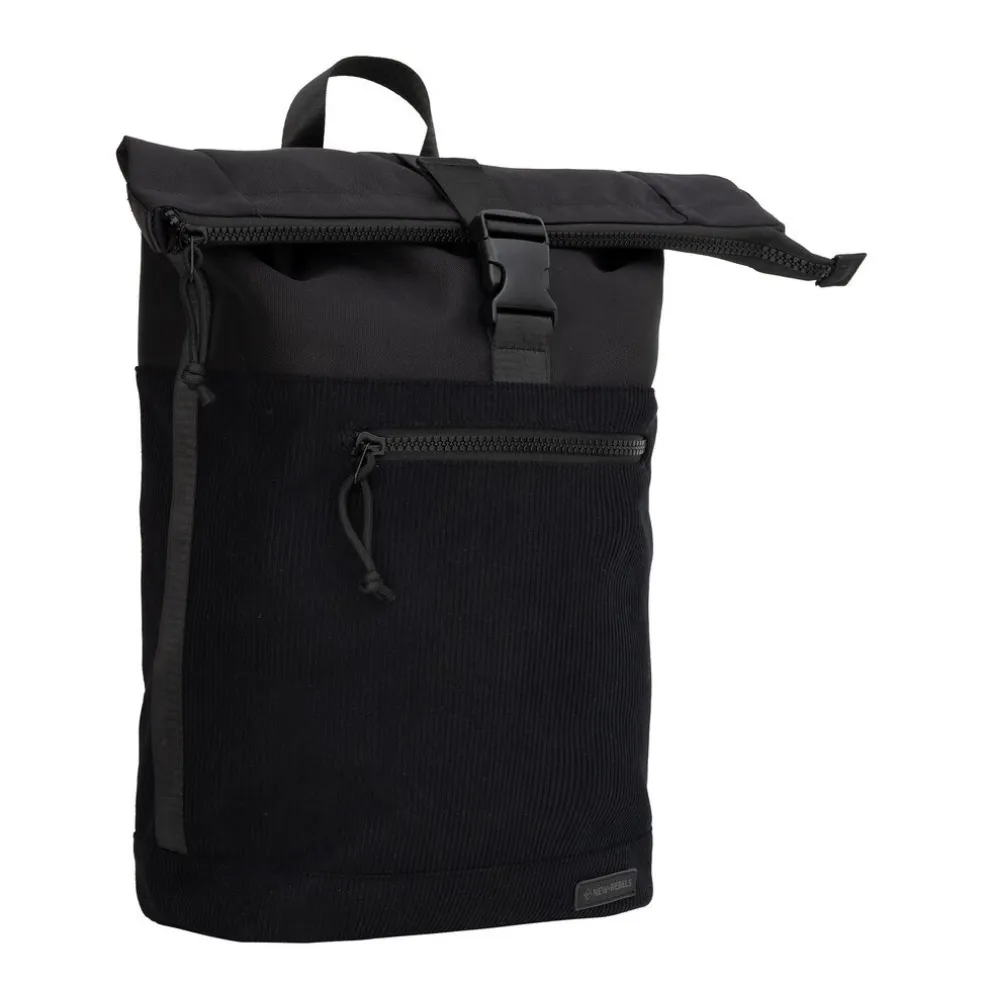 New Rebels New York Ribbi Rolltop Rucksack 17–21L Schulrucksack & Arbeitstasche Rippstoff Laptop Rucksack 15,6 Zoll Schwarz